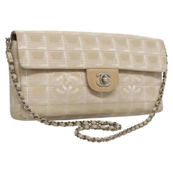 CHANEL New Travel line Choco Bar Chain Shoulder Bag Nylon Beige CC Auth 120002 - Picture 1 of 16